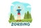 Zorbing Illustration with People Playing Bubble Bump on Green Field or Pool for Web Banner or Landing Page in Hand Drawn Templates