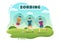 Zorbing Illustration with People Playing Bubble Bump on Green Field or Pool for Web Banner or Landing Page in Hand Drawn Templates