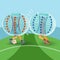 Zorbing illustration. Two man play zorbing soccer