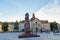 Zrenjanin downtown, city architecture, urban landscape. Square of freedom with statue of King Pe