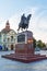 Zrenjanin downtown, city architecture, urban landscape. Square of freedom with statue of King Pe