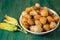 Zucchini Flower Donuts. A typical delicacy of Neapolitan cuisine are fried meatballs with zucchini flowers inside, a great way to