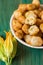 Zucchini Flower Donuts. A typical delicacy of Neapolitan cuisine are fried meatballs with zucchini flowers inside, a great way to