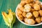 Zucchini Flower Donuts. A typical delicacy of Neapolitan cuisine are fried meatballs with zucchini flowers inside, a great way to