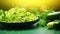 Zucchini Noodles in dark plate on green background. Close-up. Banner.