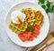 Zucchini waffles with salmon and benedict egg, fodmap diet top view