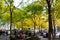 Zuccotti Park, with lighted trees, is a half-acre plaza in Lower Manhattan now synonymous with Occupy