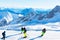 Zugspitze, Germany - December 29, 2018 : Many people in ski area at Zugspitze mountain. People in colored ski suits on snow boards
