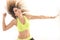 Zumba dance fitness instructor doing sport aerobic exercises. Motivational coach