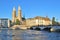 Zurich. Grossmunster church and the Limmat River embankment