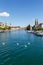 Zurich skyline city at Linth river portrait format in Switzerland