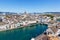 Zurich skyline with Linth river from above in Switzerland