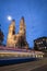 Zurich, Switzerland - view of the GrossmÃ¼nster church with motion blurred tramway