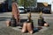 Zwickau, Germany - May 3, 2023: Fountain on Kornmarkt, or Corn Market square depicts water mill and sacks full of corn flour