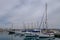 Zygi, Cyprus - June 16, 2018: yachts, motor boats and cruisers moored in Zygi`s haror. Taken on a summer afternoon with an