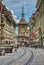 Zytglogge by the tram tracks is a city landmark, urban life epicentre in the old town. Memorial medieval clock tower