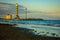 Â¹panorama. beach with blonde woman and a red mooring pole. wonderful landscape.