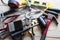 à¹‡Hardware tools, equipment used for repair and maintenance work in general technicians isolated on wooden background closeup.