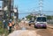 â€‹A cars is passing through the construction site of the bridge bypass