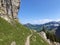 Ã„scher cliff or Ã„scher-Felsen Aescher-Felsen or Ascher-Felsen in the Alpstein mountain range and in the Appenzellerland region