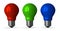 ï»¿ï»¿Red, green and blue tungsten light bulbs, front view