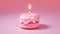 Ð¡ake With One Candle On A Frosted Pink Background Ð¡ake One Year Greeting Card Design. Generative AI