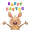 ÐŸÐµÑ‡Ð°Ñ‚ÑŒHappy Easter Greeting Card with Bunny. Cute Easter Bunny with Colorful Egg ans Carrots. Vector illustration