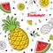 ÐŸÐµÑ‡Ð°Ñ‚ÑŒSummer bright fruit background with pineapple, slices of orange and watermelon