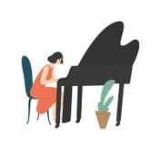弹大平台钢琴的年轻女人在白色背景或者作曲家隔绝的女性钢琴演奏家 音乐家愉快女孩享用向量例证 插画包括有平面 业余爱好