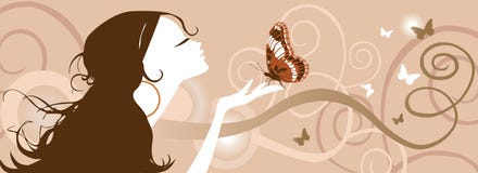 02 girl big. Vector illustrtion with beautiful brunette girl, floral decorative elements and butterflies stock illustration 02 girl big. Vector illustrtion with beautiful brunette girl, floral decorative elements and butterflies stock illustration