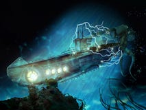 20000 leagues under the sea. Representation of a famous scene from Jules Vernes novel, when a giant squid attacks the Nautilus stock illustration 20000 leagues under the sea. Representation of a famous scene from Jules Vernes novel, when a giant squid attacks the Nautilus stock illustration