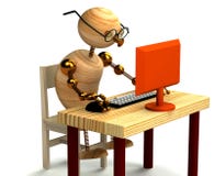 3d Wood Man Working At Computer Royalty Free Stock Photo