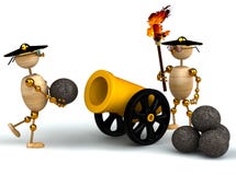 3d Wood Mans With A Gold Cannon Stock Photos 3d Wood Mans With A Gold Cannon Stock Photos