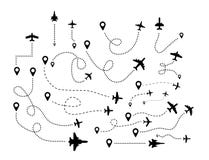 A Series Of Flying Airplanes And Their Flight Paths From The Departure Point. Vector Ilustration Stock Image
