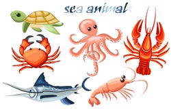 A Set Of Sea Animals - Octopus, Crab, Cancer, Fish-needle, Tortoise And Shrimp Royalty Free Stock Photography