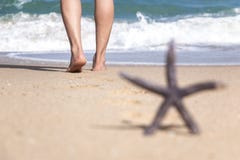 A Starfish And A Person On Beach Sand For Summer Holidays Concept Stock Photography