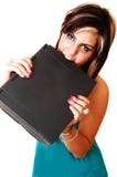 A Young Girl Angry Bite At Her Laptop. Stock Photography