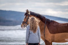 Aantrekkelijk jong meisje die op haar paard op het sneeuwgebied kijken stock fotografie Aantrekkelijk jong meisje die op haar paard op het sneeuwgebied kijken stock fotografie