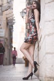Aantrekkelijke donkerbruine elegante vrouw die pret hebben die van zomer, lachen en glimlachen de gelukkig tijdens de vakantierei stock foto's Aantrekkelijke donkerbruine elegante vrouw die pret hebben die van zomer, lachen en glimlachen de gelukkig tijdens de vakantierei stock foto's