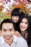 Aantrekkelijke familie die onder de herfstboom glimlachen stock foto's Aantrekkelijke familie die onder de herfstboom glimlachen stock foto's