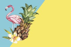 Abacaxi com flores e o flamingo tropicais Elemento para o projeto dos convites, dos cartazes cinematográficos, das telas e de out ilustração stock Abacaxi com flores e o flamingo tropicais Elemento para o projeto dos convites, dos cartazes cinematográficos, das telas e de out ilustração stock