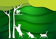 Abbellisca la progettazione con il gatto su un albero, il cane, gatti stile di carta di arte Illustrazione di vettore Fondo verde illustrazione vettoriale Abbellisca la progettazione con il gatto su un albero, il cane, gatti stile di carta di arte Illustrazione di vettore Fondo verde illustrazione vettoriale