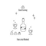 Abbia un fine settimana piacevole, buona sera nGlasses e bottiglia di vino o di brandy, caramella, stelle royalty illustrazione gratis Abbia un fine settimana piacevole, buona sera nGlasses e bottiglia di vino o di brandy, caramella, stelle royalty illustrazione gratis