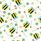 Abeja feliz con el modelo inconsútil del pote del peine de la miel y de la miel stock de ilustración Abeja feliz con el modelo inconsútil del pote del peine de la miel y de la miel stock de ilustración