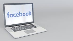 Abertura de giro e portátil de fechamento com logotipo de Facebook Grampo conceptual do editorial 4K da informática ilustração stock Abertura de giro e portátil de fechamento com logotipo de Facebook Grampo conceptual do editorial 4K da informática ilustração stock