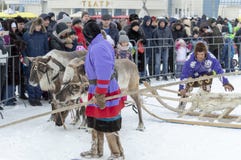 Aborígene locais - Khanty, crianças do passeio em um trenó da rena de três cervos, trenó, inverno, “Seeing fora do festival do fotos de stock royalty free Aborígene locais - Khanty, crianças do passeio em um trenó da rena de três cervos, trenó, inverno, “Seeing fora do festival do fotos de stock royalty free