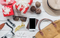 Above view of image items to travel with decorations Merry Christmas royalty free stock photos Above view of image items to travel with decorations Merry Christmas royalty free stock photos
