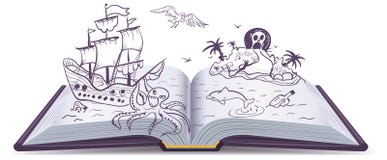 Abra a aventura do livro Tesouros, piratas, navios de navigação, aventura Fantasia da leitura ilustração stock Abra a aventura do livro Tesouros, piratas, navios de navigação, aventura Fantasia da leitura ilustração stock