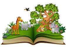 Abra o livro com os desenhos animados animais que jogam no parque sob uma árvore grande ilustração stock Abra o livro com os desenhos animados animais que jogam no parque sob uma árvore grande ilustração stock