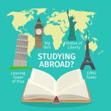 Abroad studying foreign languages concept. Colorful travel vector flat style illustration. Abroad studying foreign languages concept. Colorful travel flat style stock illustration Abroad studying foreign languages concept. Colorful travel vector flat style illustration. Abroad studying foreign languages concept. Colorful travel flat style stock illustration